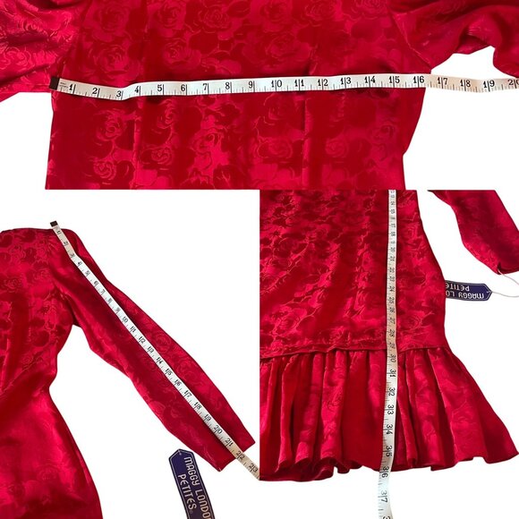 Vtg Maggy London Petites Red Floral Silk Long Sleeve Dress Size 4 Ruffle Hem New - Picture 7 of 8